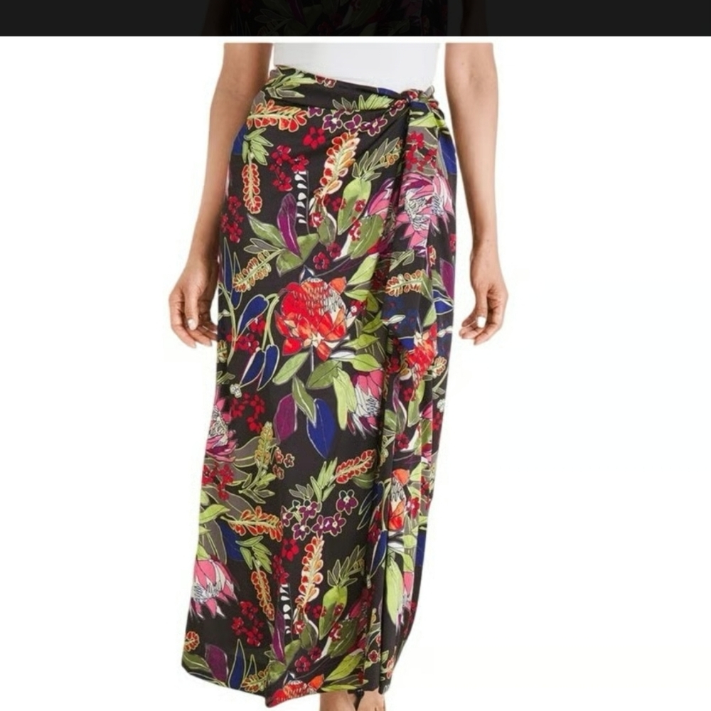 Chico’s Sarong-Style Maxi Skirt in a Black Tropical Floral Print